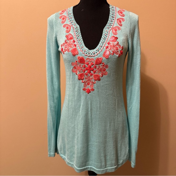 Lilly Pulitzer Turquoise and Coral Embroidered Tunic - Picture 1 of 7